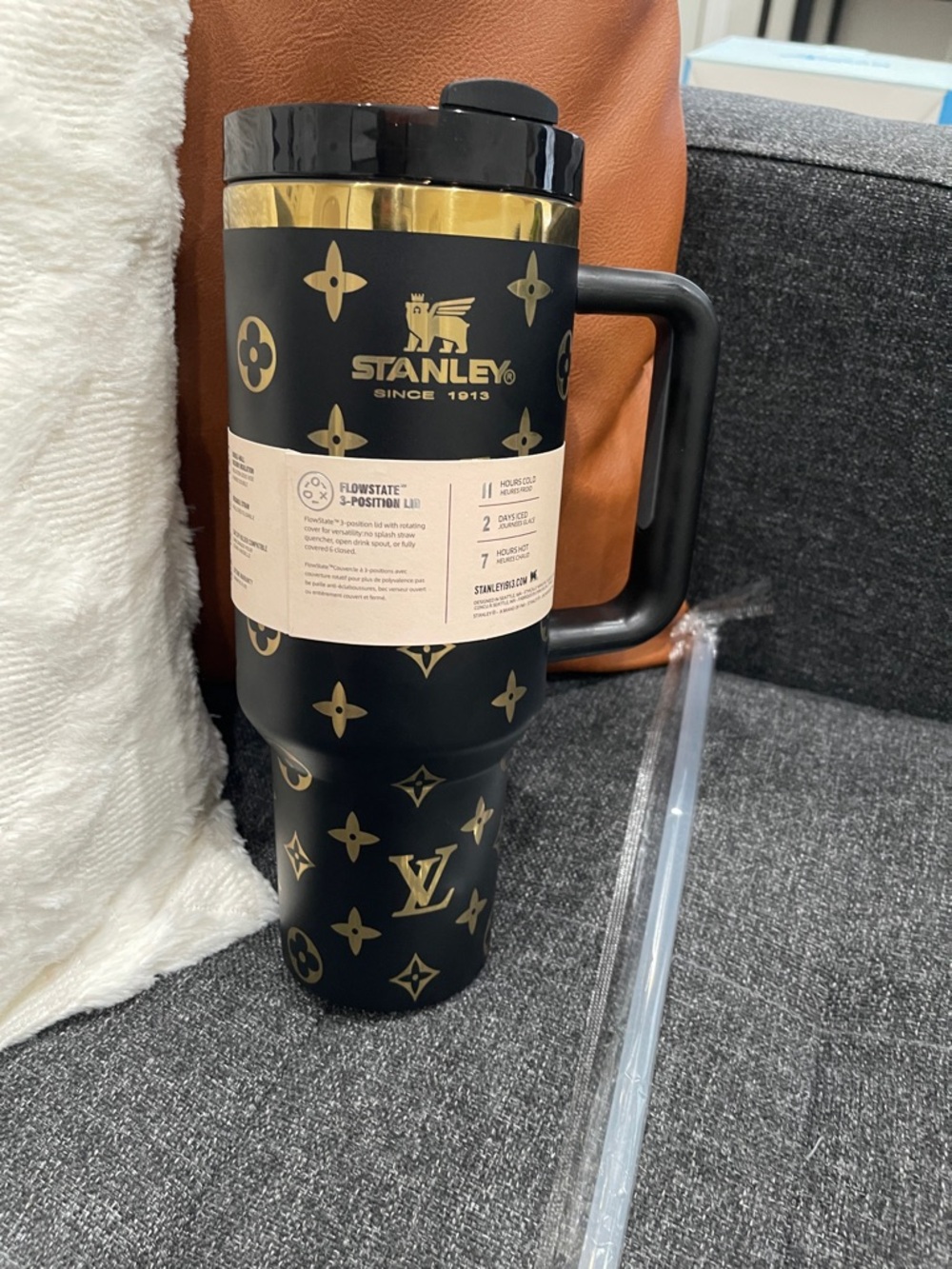 NWT Stanley LV Black Tumbler with Gold Pattern